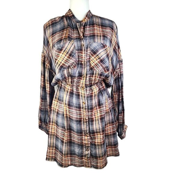 NWT HYFVE  Brown Black Tartan Plaid Flannel Long Sleeve Shirt Babydoll Dress - Picture 1 of 8